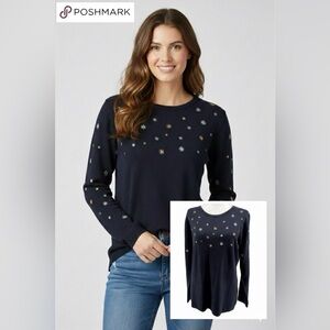 🌼Elegant Moffi Size M Navy Sweater with Daisy Embroidery, crew neck cozy